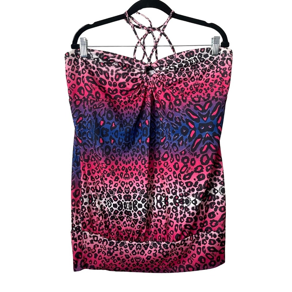 Vintage‎ Y2K XOXO Leopard Animal Print Ombre Halter Top Large Pink Purple Blue